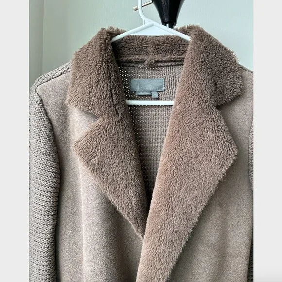 Anthropologie Brown Piper Open Front Faux Fur Trim Ribbed Sweater Coat - Size XS - Picture 6 of 11